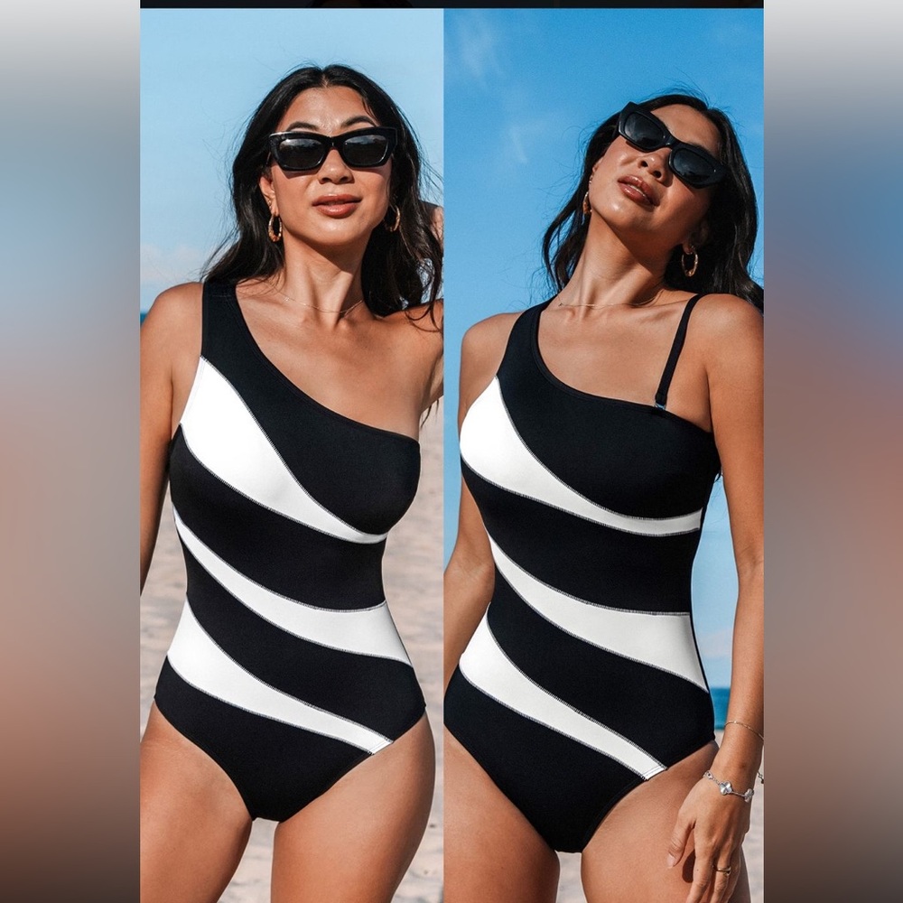 Cupshe Black & White Asymmetrical Slim & Sculpt One-PieceSwimsuit
